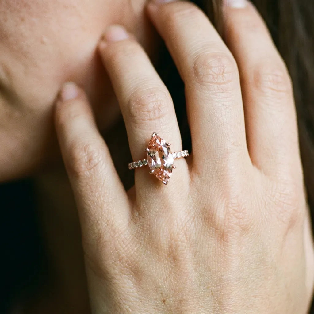 Rose gold Marquise Cut Morganite Solitaire Ring with Round  Pavé Band and Four-Prong Setting_44