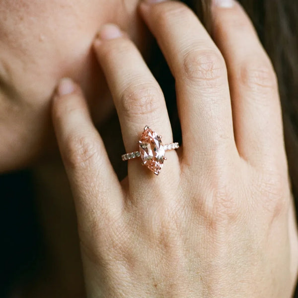 Rose gold Marquise Cut Morganite Solitaire Ring with Round  Pavé Band and Four-Prong Setting