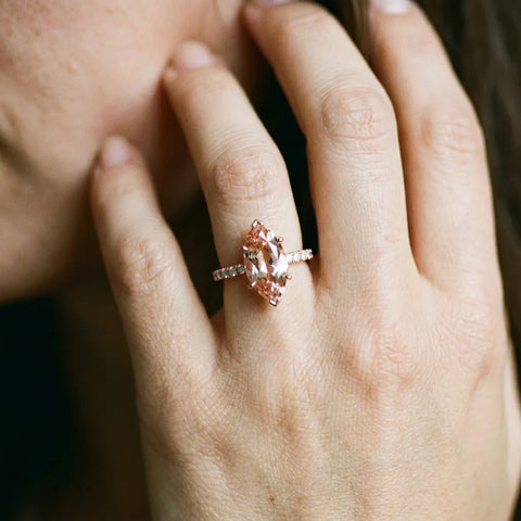 Rose gold Marquise Cut Morganite Solitaire Ring with Round  Pavé Band and Four-Prong Setting_44