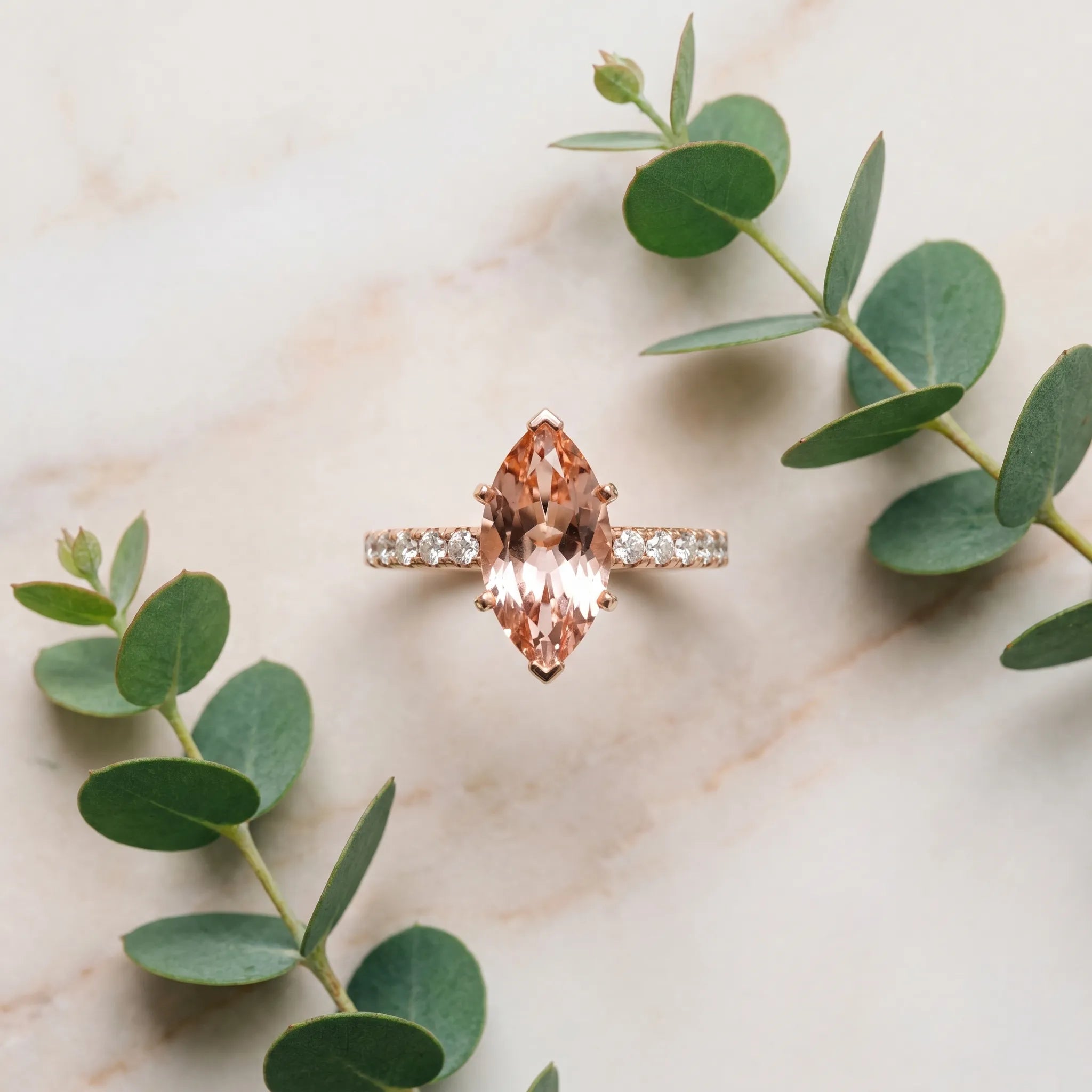 Rose gold Marquise Cut Morganite Solitaire Ring with Round  Pavé Band and Four-Prong Setting_45
