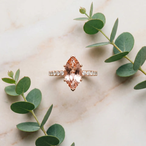 Rose gold Marquise Cut Morganite Solitaire Ring with Round  Pavé Band and Four-Prong Setting_45