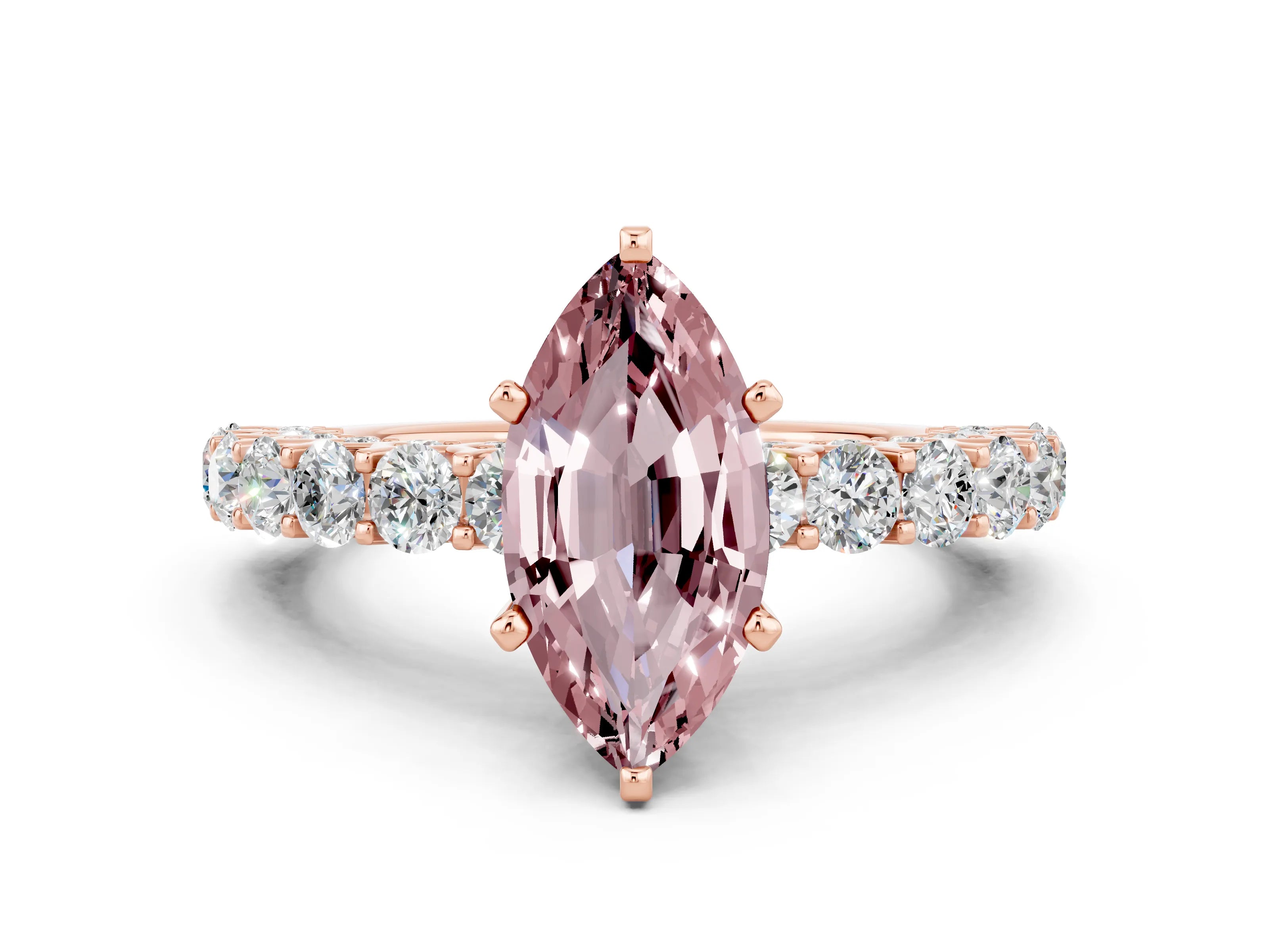 Rose gold Marquise Cut Morganite Solitaire Ring with Shared Prong Pavé Band and Four-Prong Setting