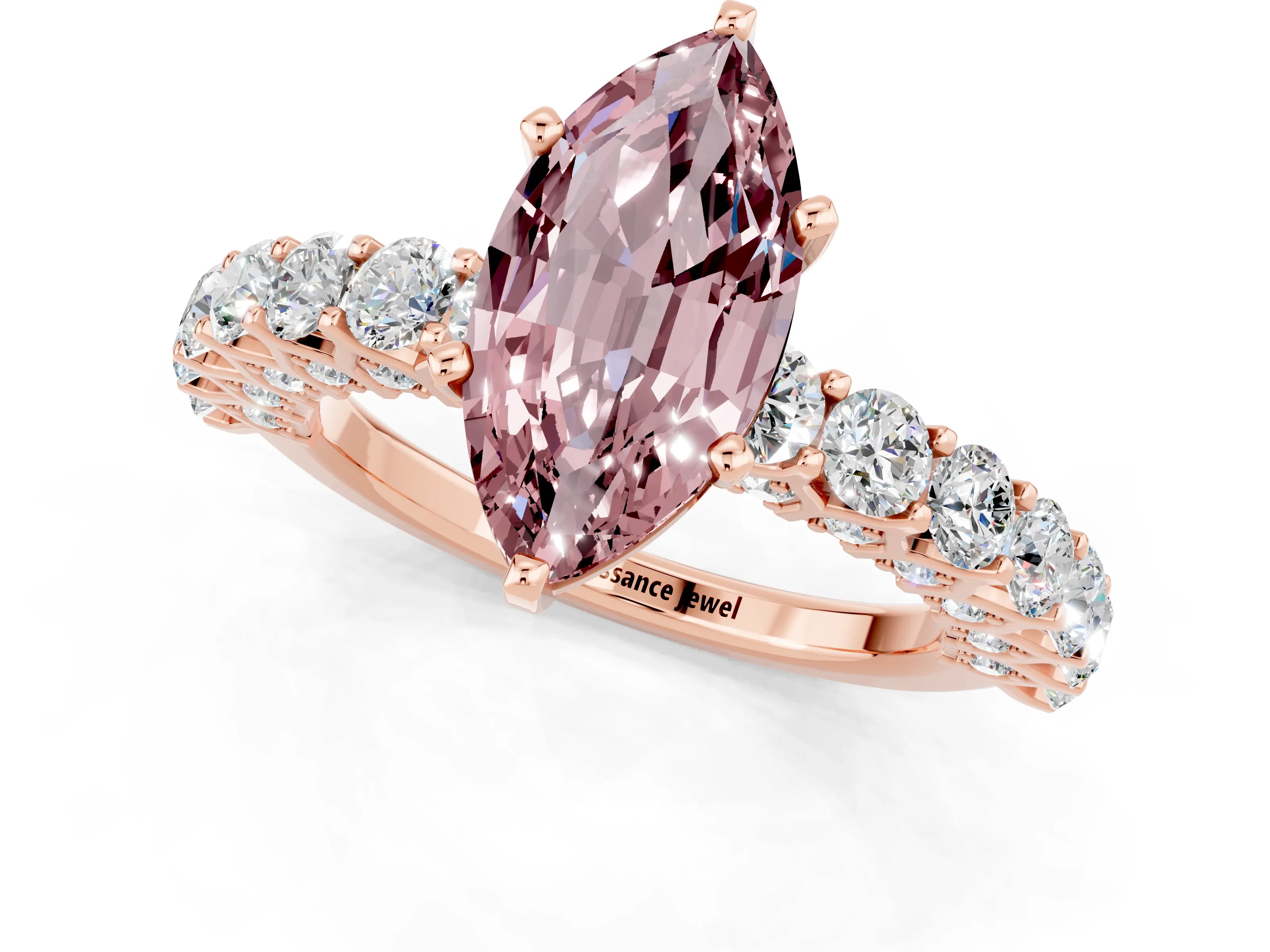 Rose gold Marquise Cut Morganite Solitaire Ring with Shared Prong Pavé Band and Four-Prong Setting_1