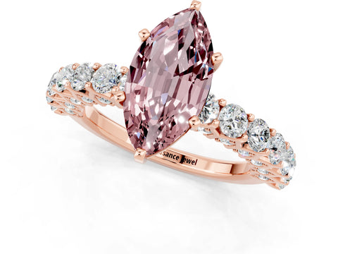 Rose gold Marquise Cut Morganite Solitaire Ring with Shared Prong Pavé Band and Four-Prong Setting_1