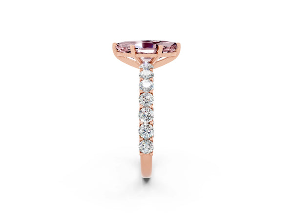Rose gold Marquise Cut Morganite Solitaire Ring with Shared Prong Pavé Band and Four-Prong Setting