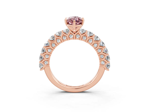 Rose gold Marquise Cut Morganite Solitaire Ring with Shared Prong Pavé Band and Four-Prong Setting