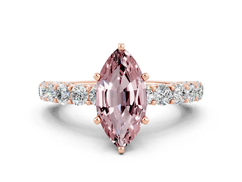 Rose gold Marquise Cut Morganite Solitaire Ring with Shared Prong Pavé Band and Four-Prong Setting