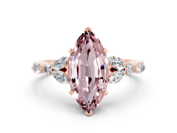 Rose gold Marquise Cut Morganite Solitaire Ring with Side Stones and Four-Prong Setting