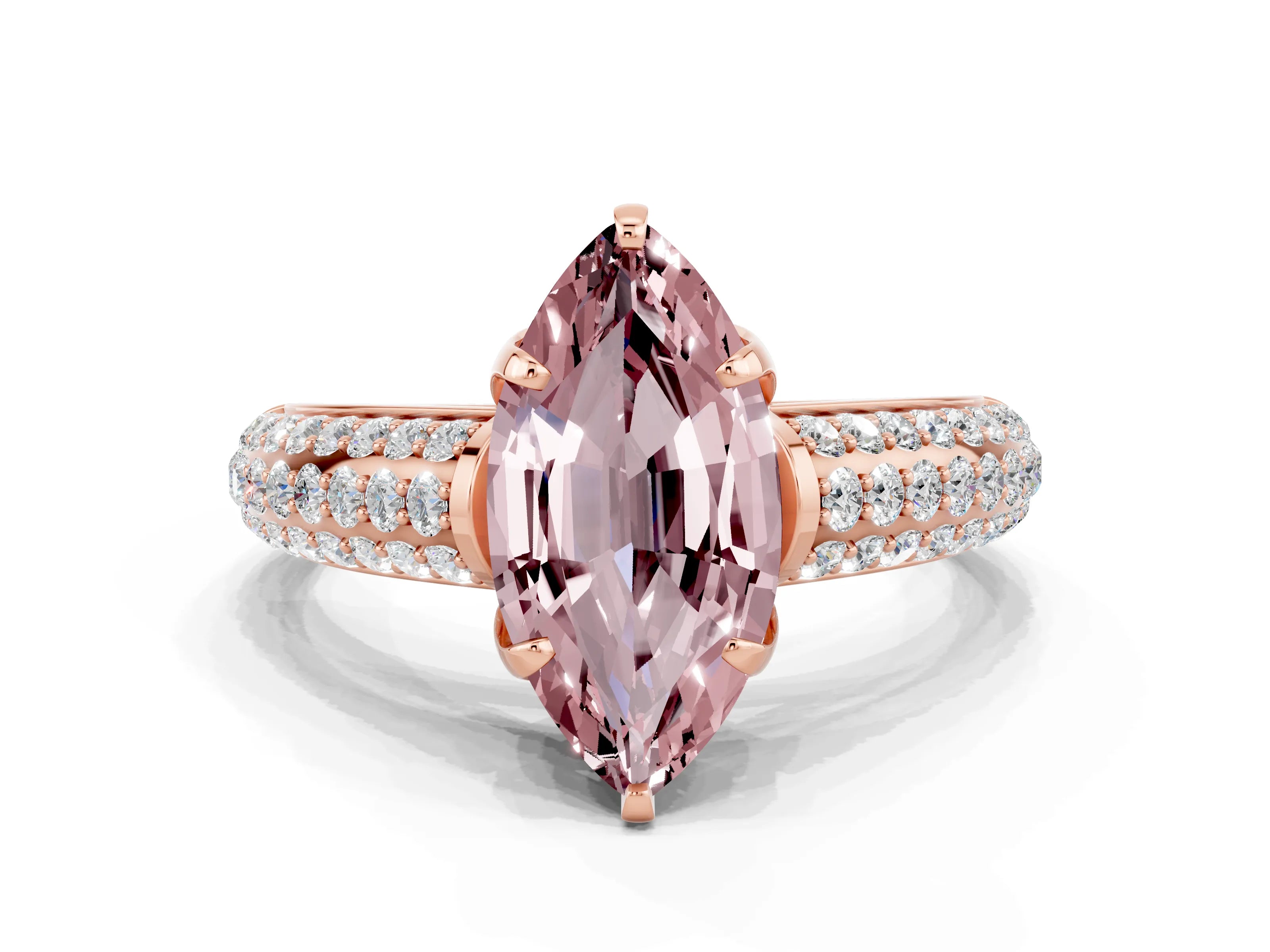 Rose gold Marquise Cut Morganite Solitaire Ring with Three-Row Pavé Band and Four-Prong Setting_12