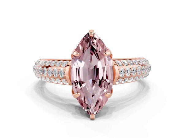 Rose gold Marquise Cut Morganite Solitaire Ring with Three-Row Pavé Band and Four-Prong Setting