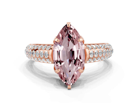 Rose gold Marquise Cut Morganite Solitaire Ring with Three-Row Pavé Band and Four-Prong Setting_12