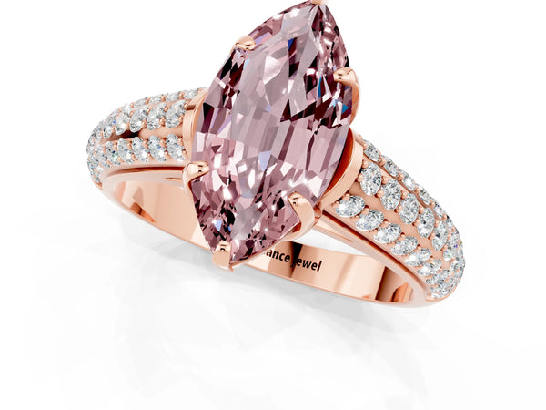 Rose gold Marquise Cut Morganite Solitaire Ring with Three-Row Pavé Band and Four-Prong Setting