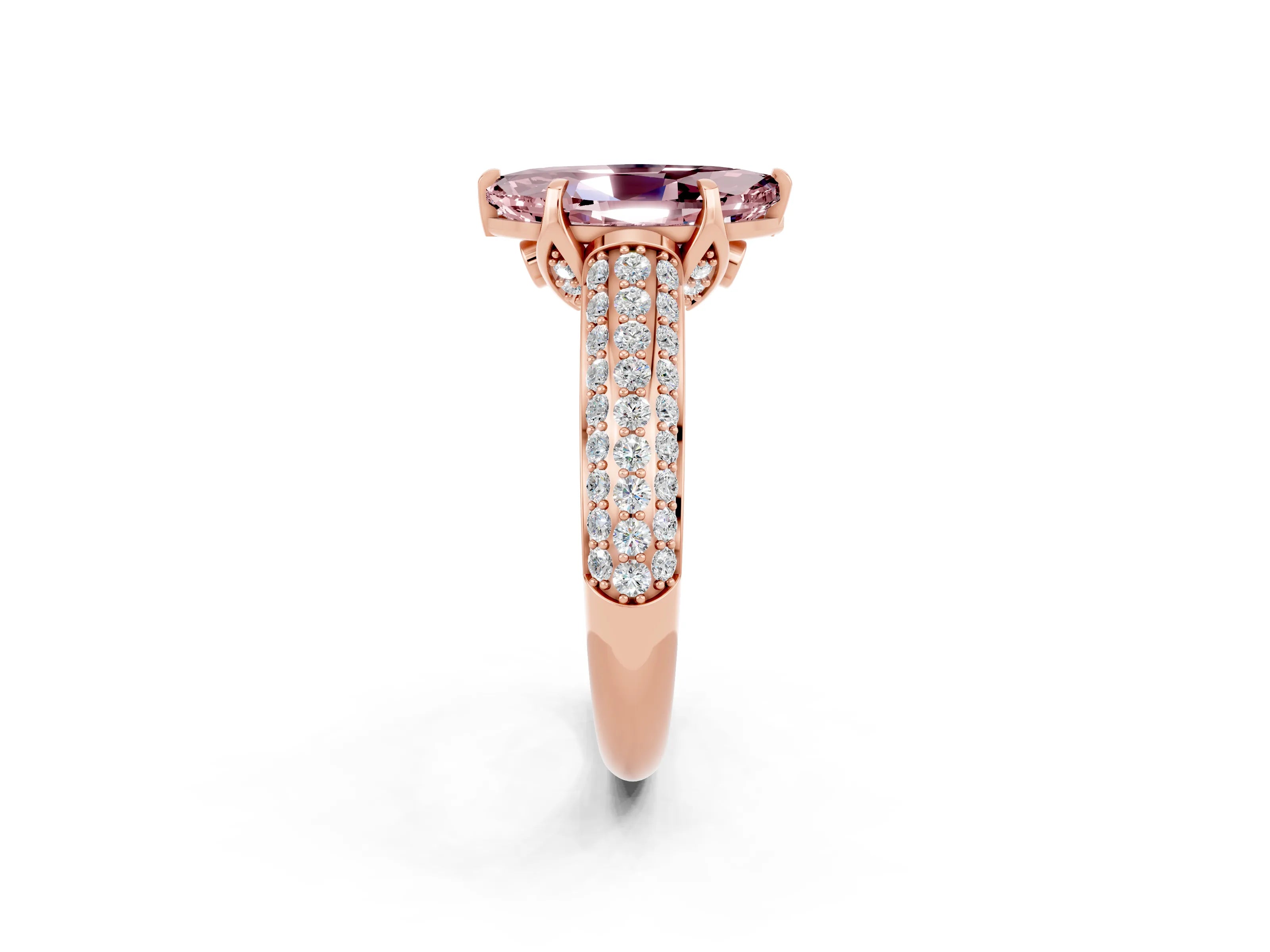 Rose gold Marquise Cut Morganite Solitaire Ring with Three-Row Pavé Band and Four-Prong Setting_14