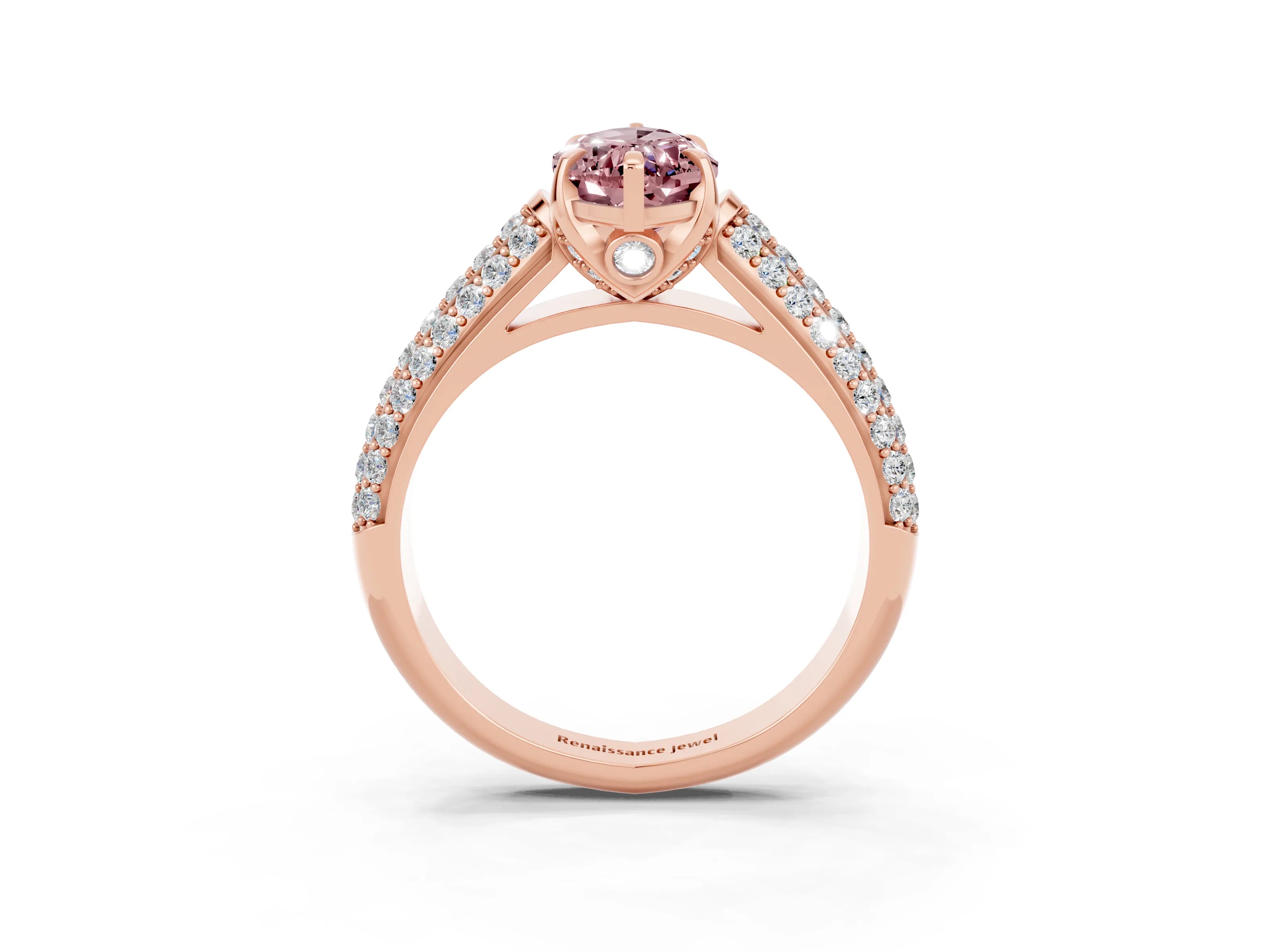 Rose gold Marquise Cut Morganite Solitaire Ring with Three-Row Pavé Band and Four-Prong Setting_15