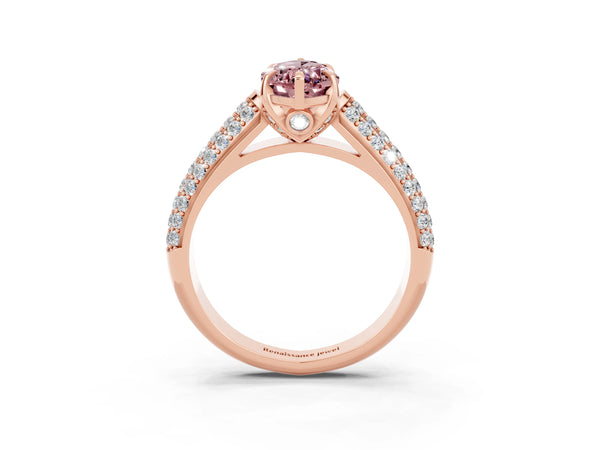 Rose gold Marquise Cut Morganite Solitaire Ring with Three-Row Pavé Band and Four-Prong Setting