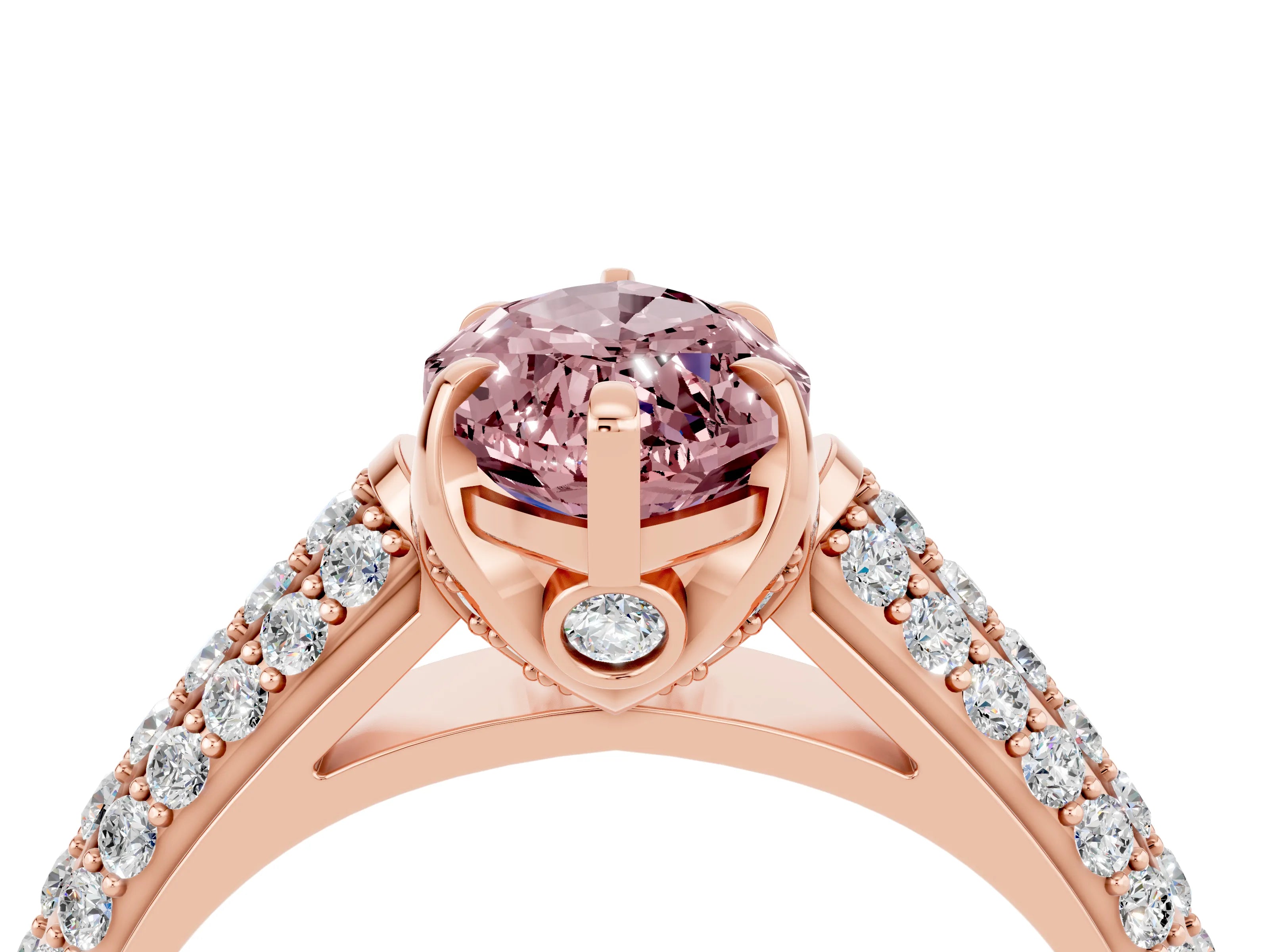 Rose gold Marquise Cut Morganite Solitaire Ring with Three-Row Pavé Band and Four-Prong Setting_16