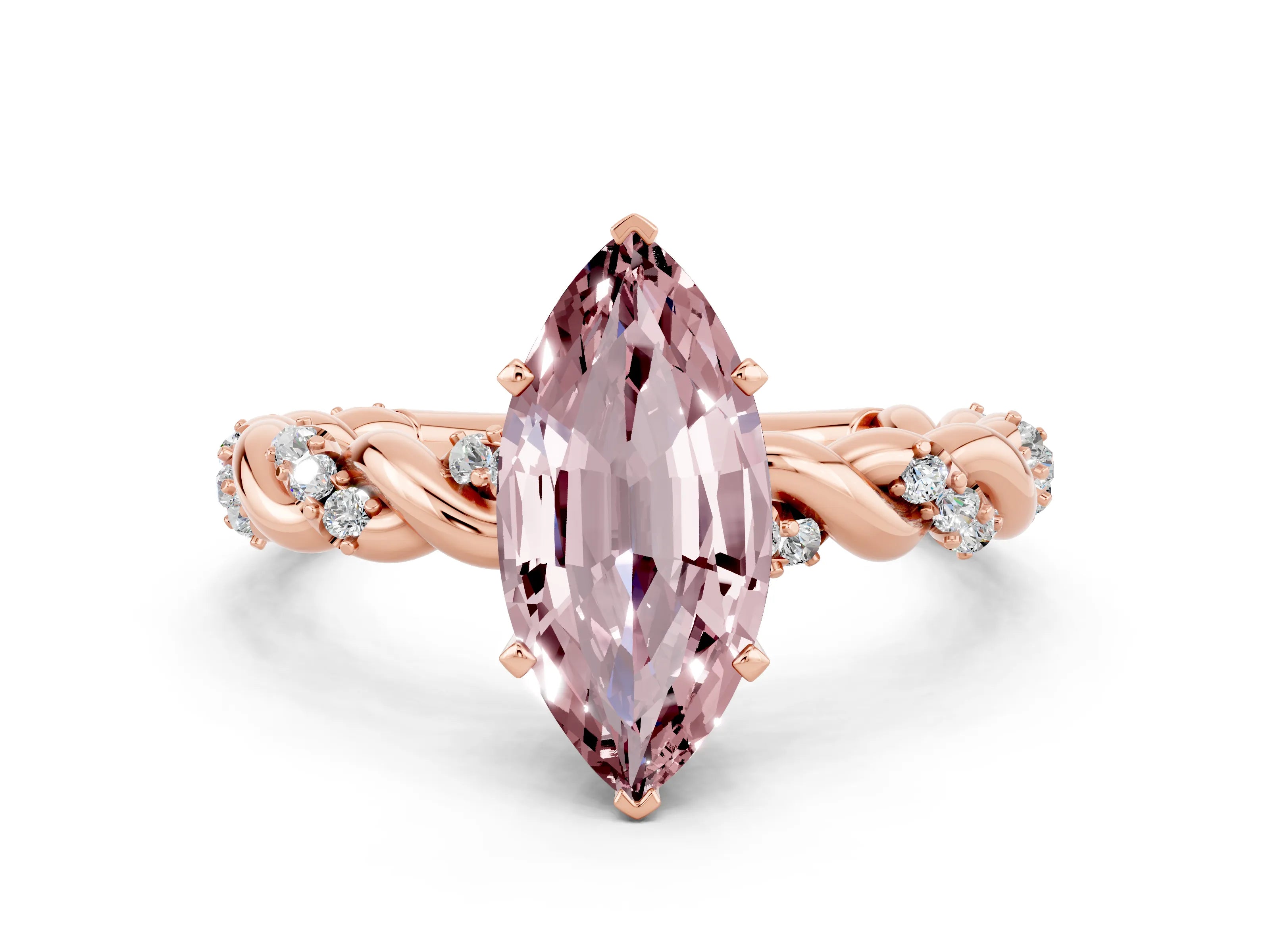 Rose gold Marquise Cut Morganite Solitaire Ring with Twisted Band and Pavé Accents