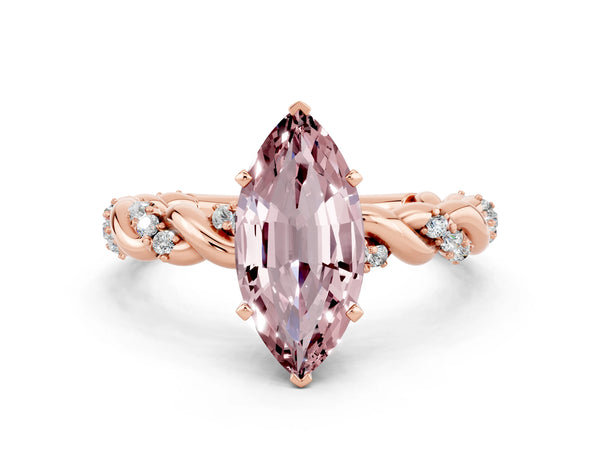 Rose gold Marquise Cut Morganite Solitaire Ring with Twisted Band and Pavé Accents