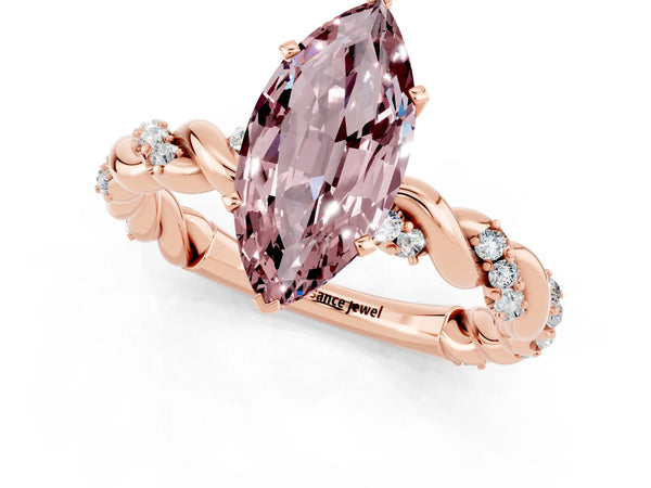 Rose gold Marquise Cut Morganite Solitaire Ring with Twisted Band and Pavé Accents