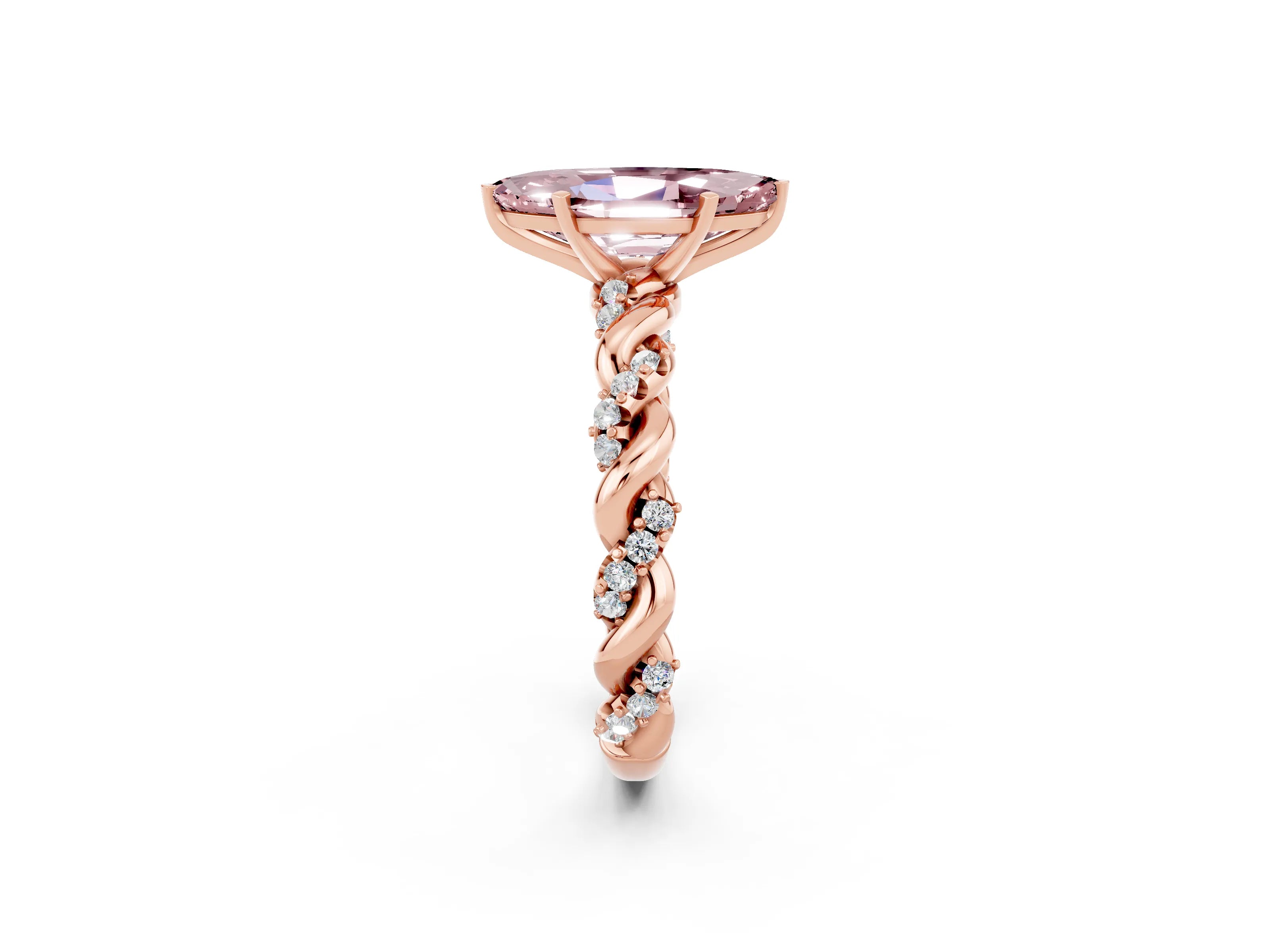 Rose gold Marquise Cut Morganite Solitaire Ring with Twisted Band and Pavé Accents_2
