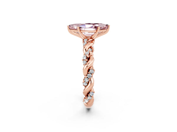 Rose gold Marquise Cut Morganite Solitaire Ring with Twisted Band and Pavé Accents