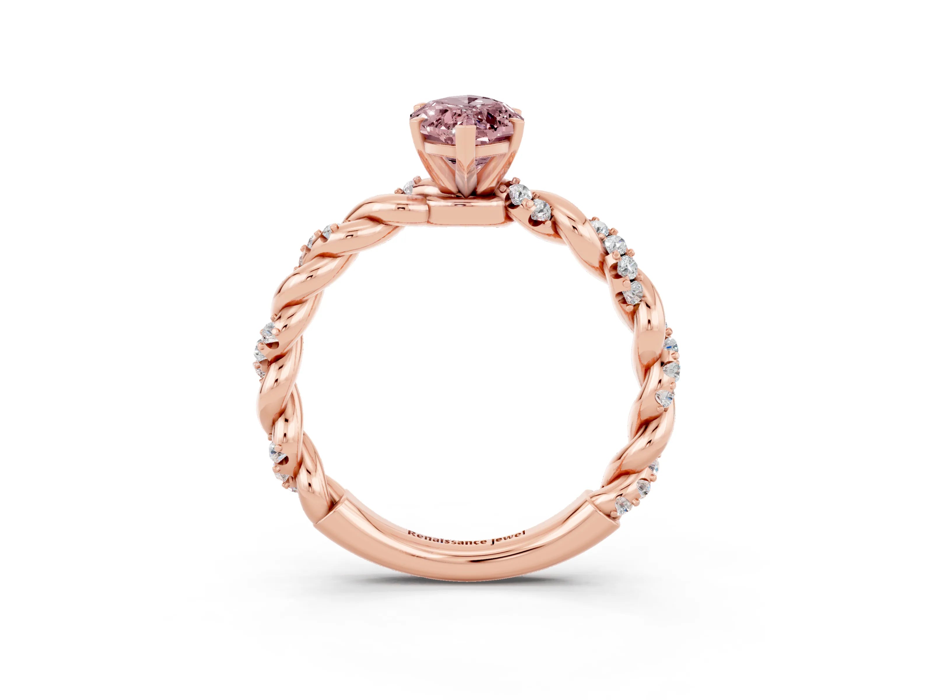 Rose gold Marquise Cut Morganite Solitaire Ring with Twisted Band and Pavé Accents_3