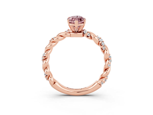 Rose gold Marquise Cut Morganite Solitaire Ring with Twisted Band and Pavé Accents