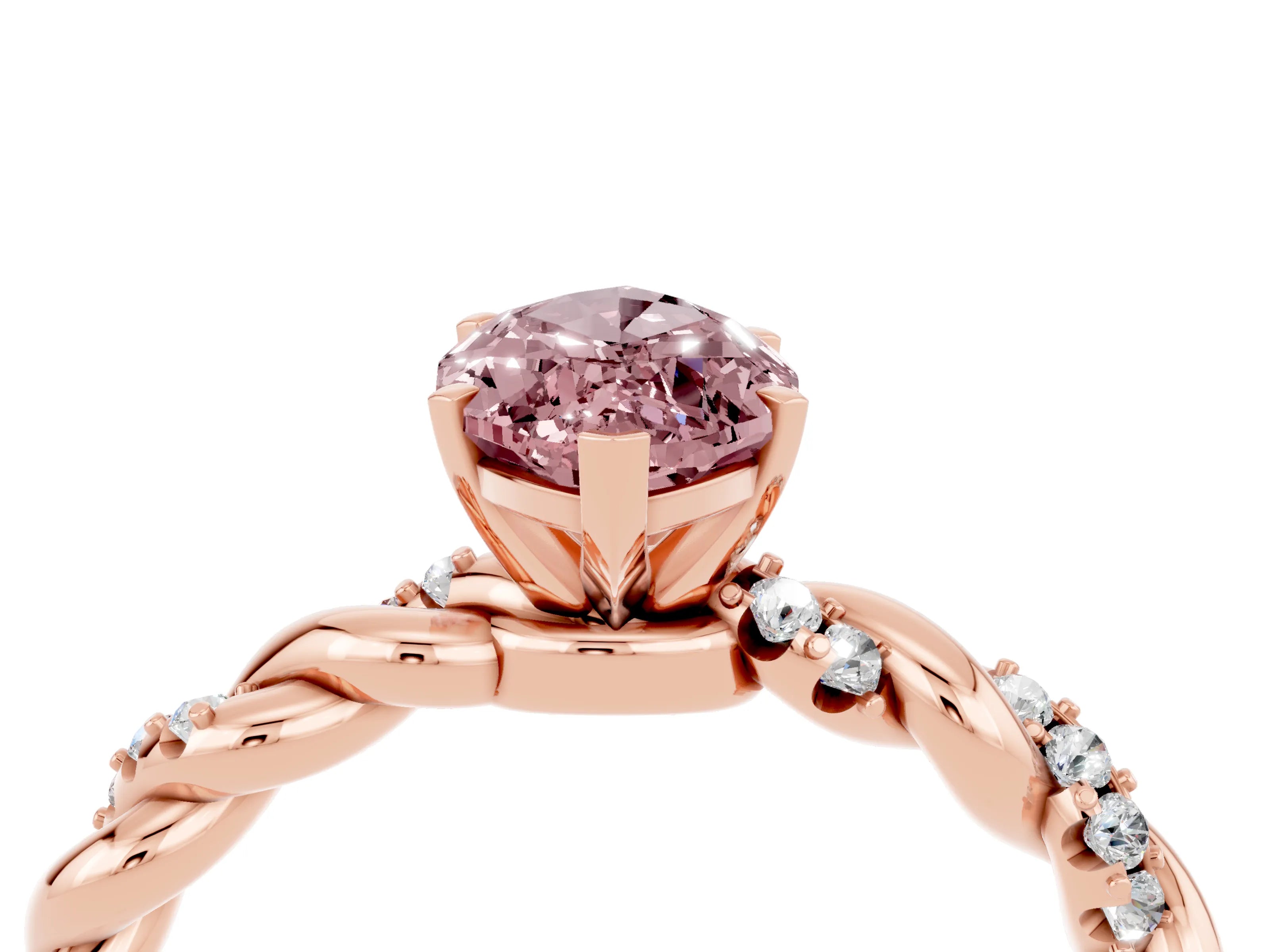 Rose gold Marquise Cut Morganite Solitaire Ring with Twisted Band and Pavé Accents_4