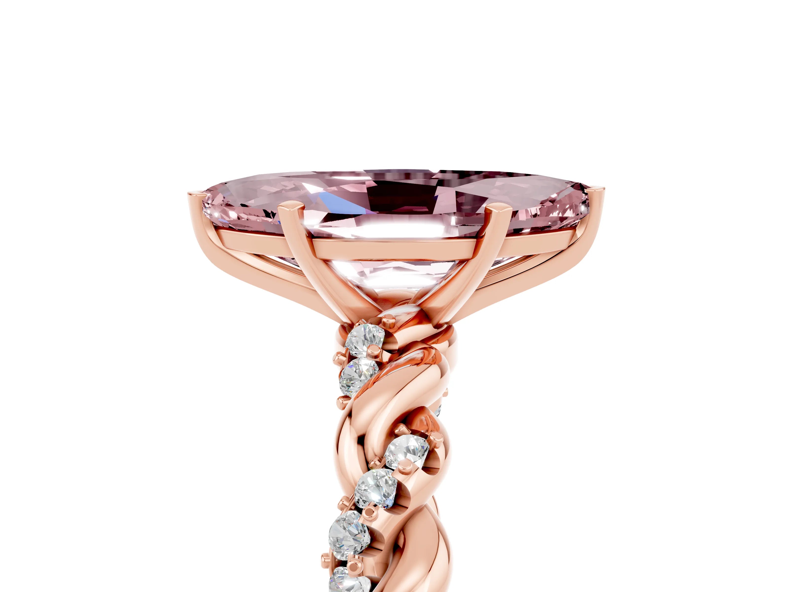 Rose gold Marquise Cut Morganite Solitaire Ring with Twisted Band and Pavé Accents_5