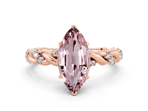 Rose gold Marquise Cut Morganite Solitaire Ring with Twisted Band and Pavé Accents