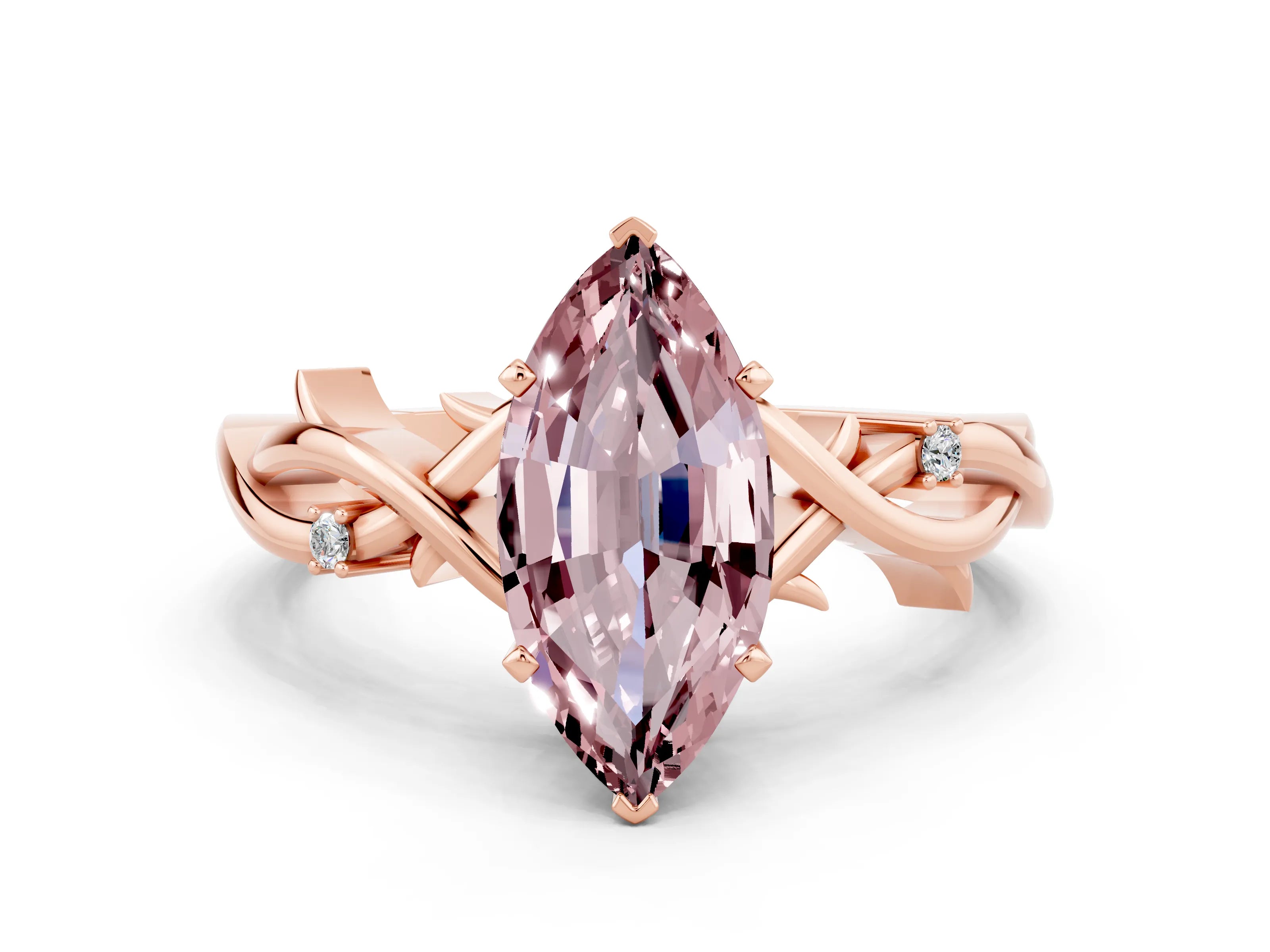 Rose gold Marquise Cut Morganite Solitaire Ring with Twisted Band and Prong Setting