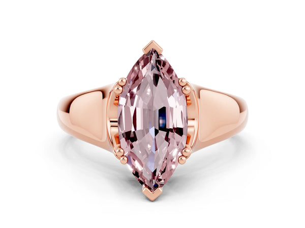 Rose gold Marquise Cut Morganite Solitaire Ring with Wide Band and Prong Setting