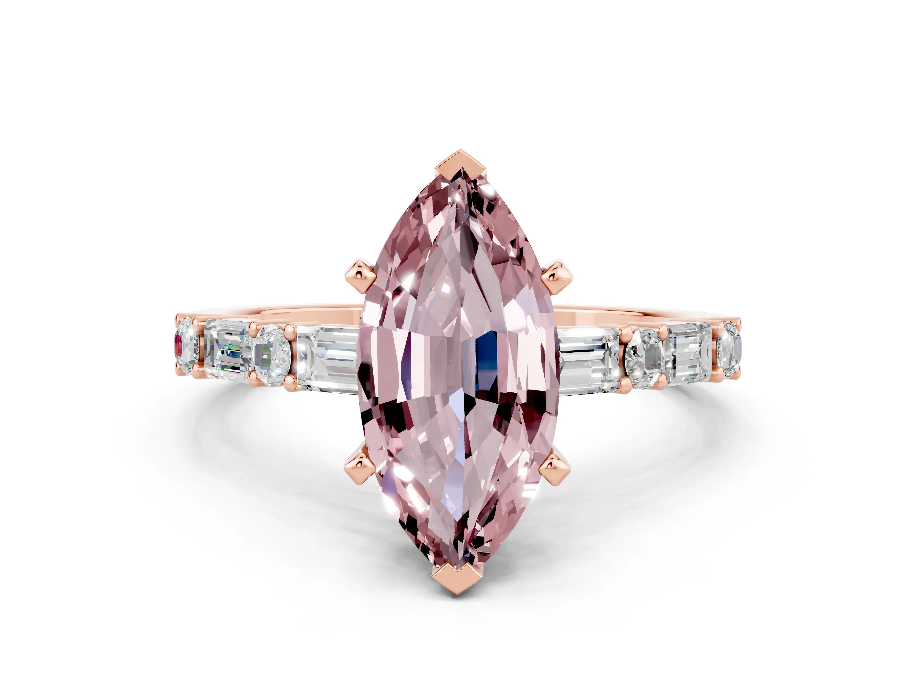 Rose gold Marquise Cut Morganite Solitaire with Side Baguettes and Channel Set Band