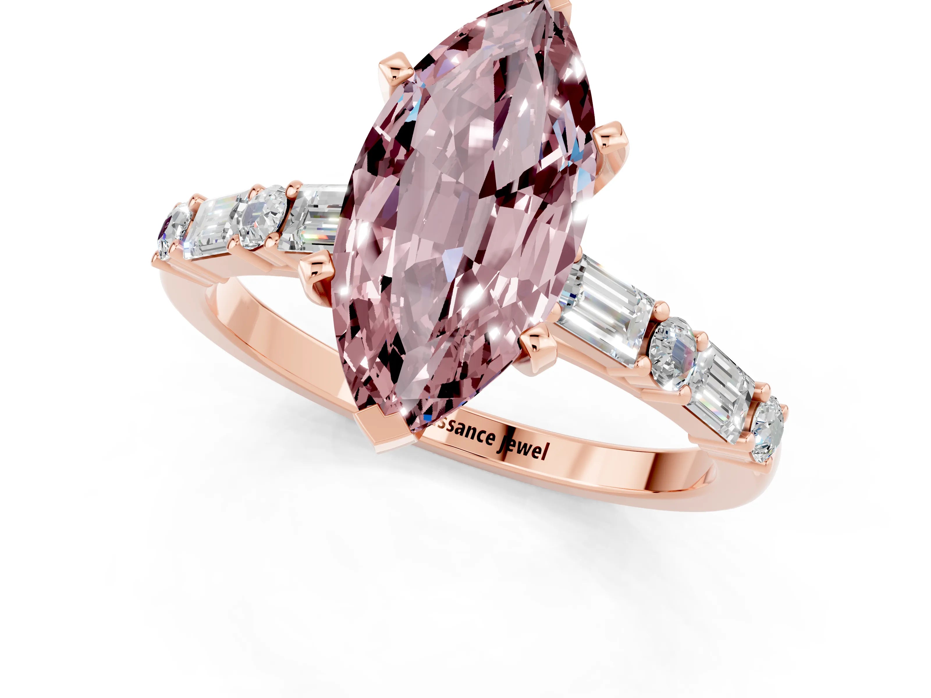 Rose gold Marquise Cut Morganite Solitaire with Side Baguettes and Channel Set Band_1