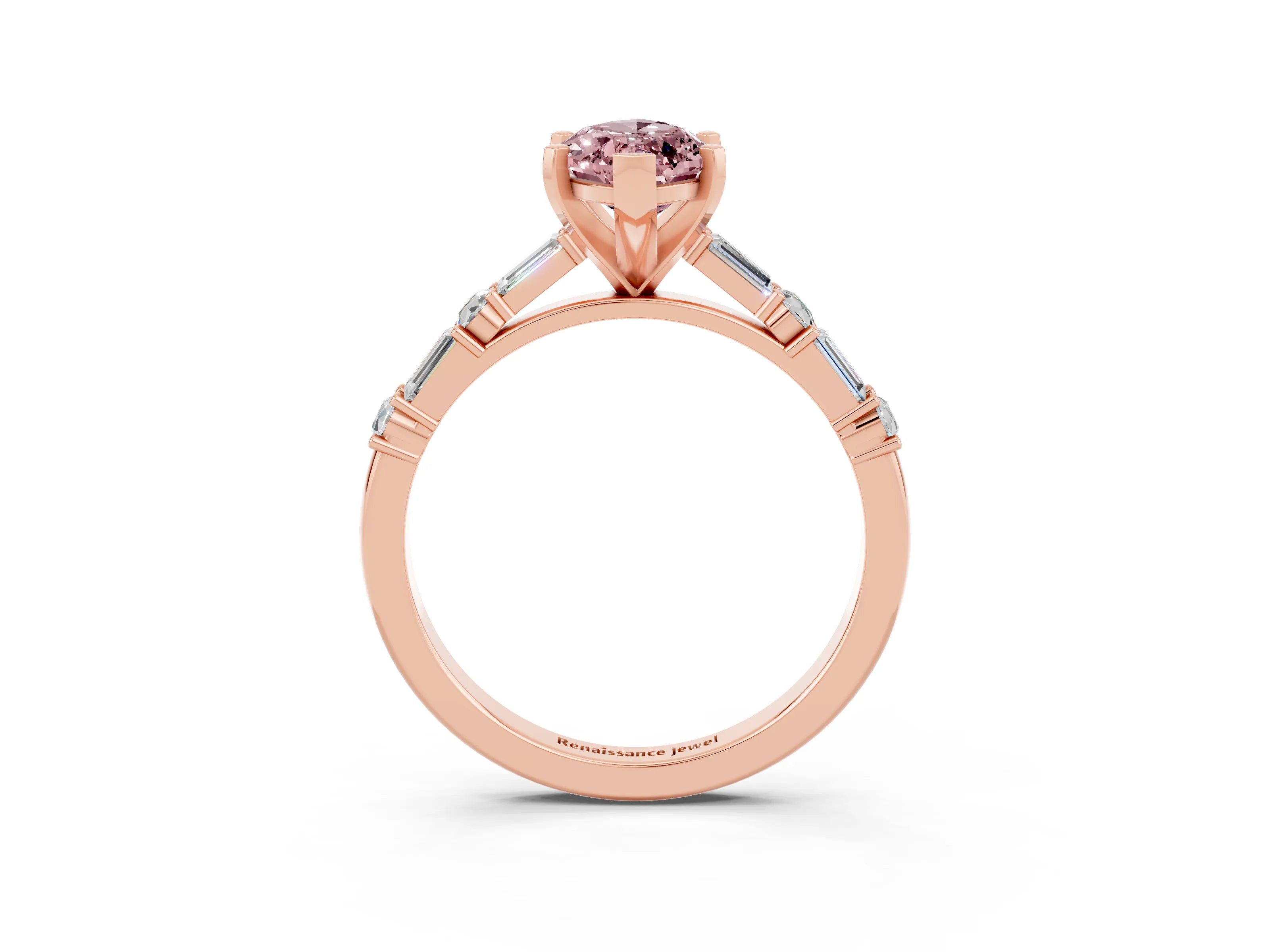 Rose gold Marquise Cut Morganite Solitaire with Side Baguettes and Channel Set Band_3