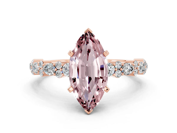 Rose gold Marquise Cut Morganite Side Stone Solitaire Ring with Round  and Four-Prong Setting