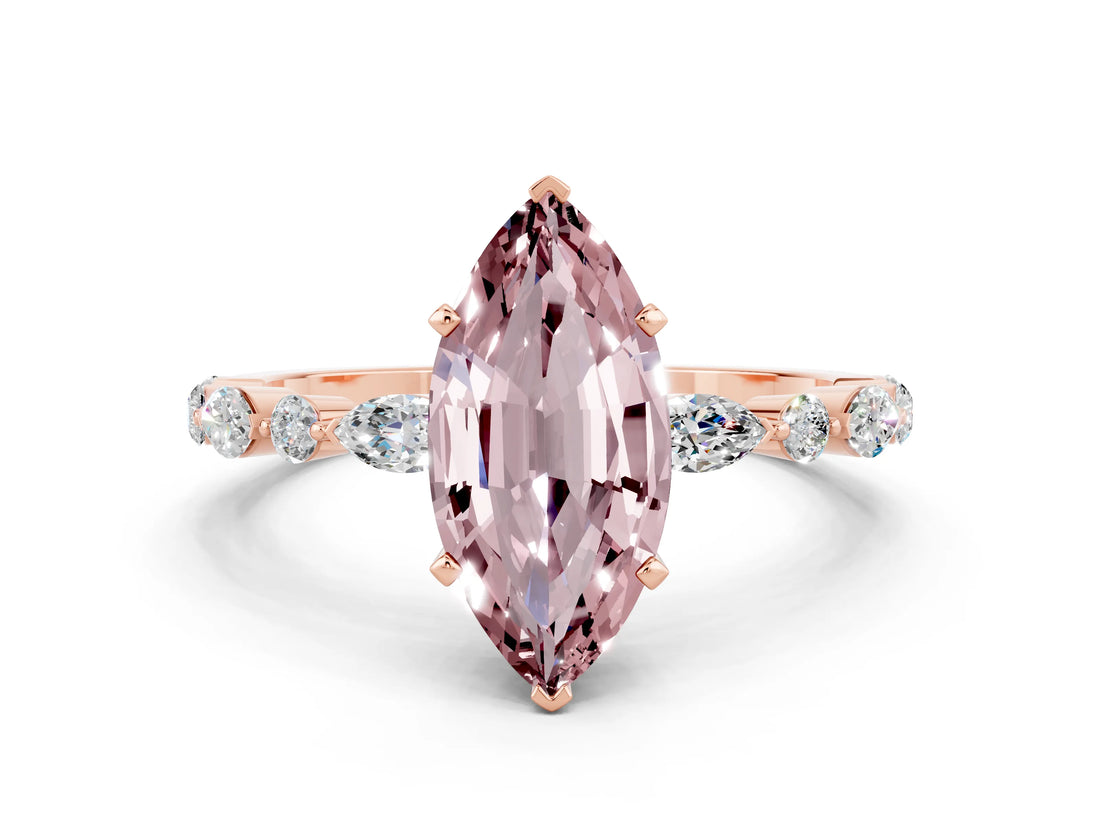 Rose gold Marquise Cut Morganite Solitaire with Side Stones on a Pavé Band and Four-Prong Setting