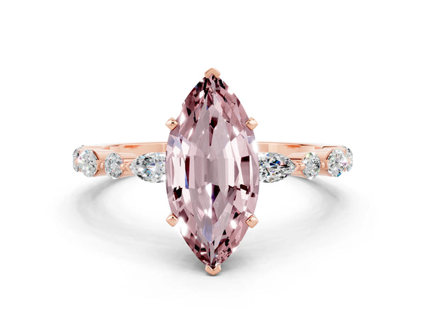 Rose gold Marquise Cut Morganite Ring with Marquise and Round  Side Stones and Four-Prong Setting