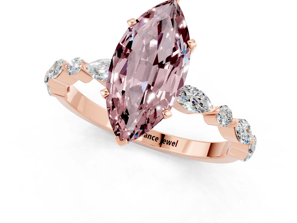 Rose gold Marquise Cut Morganite Ring with Marquise and Round  Side Stones and Four-Prong Setting