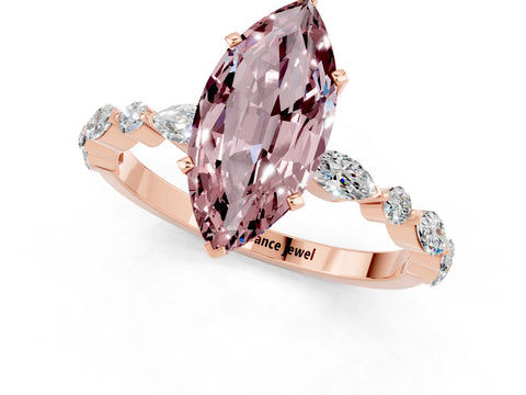 Rose gold Marquise Cut Morganite Solitaire with Side Stones on a Pavé Band and Four-Prong Setting_1