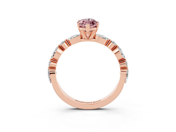 Rose gold Marquise Cut Morganite Ring with Marquise and Round  Side Stones and Four-Prong Setting