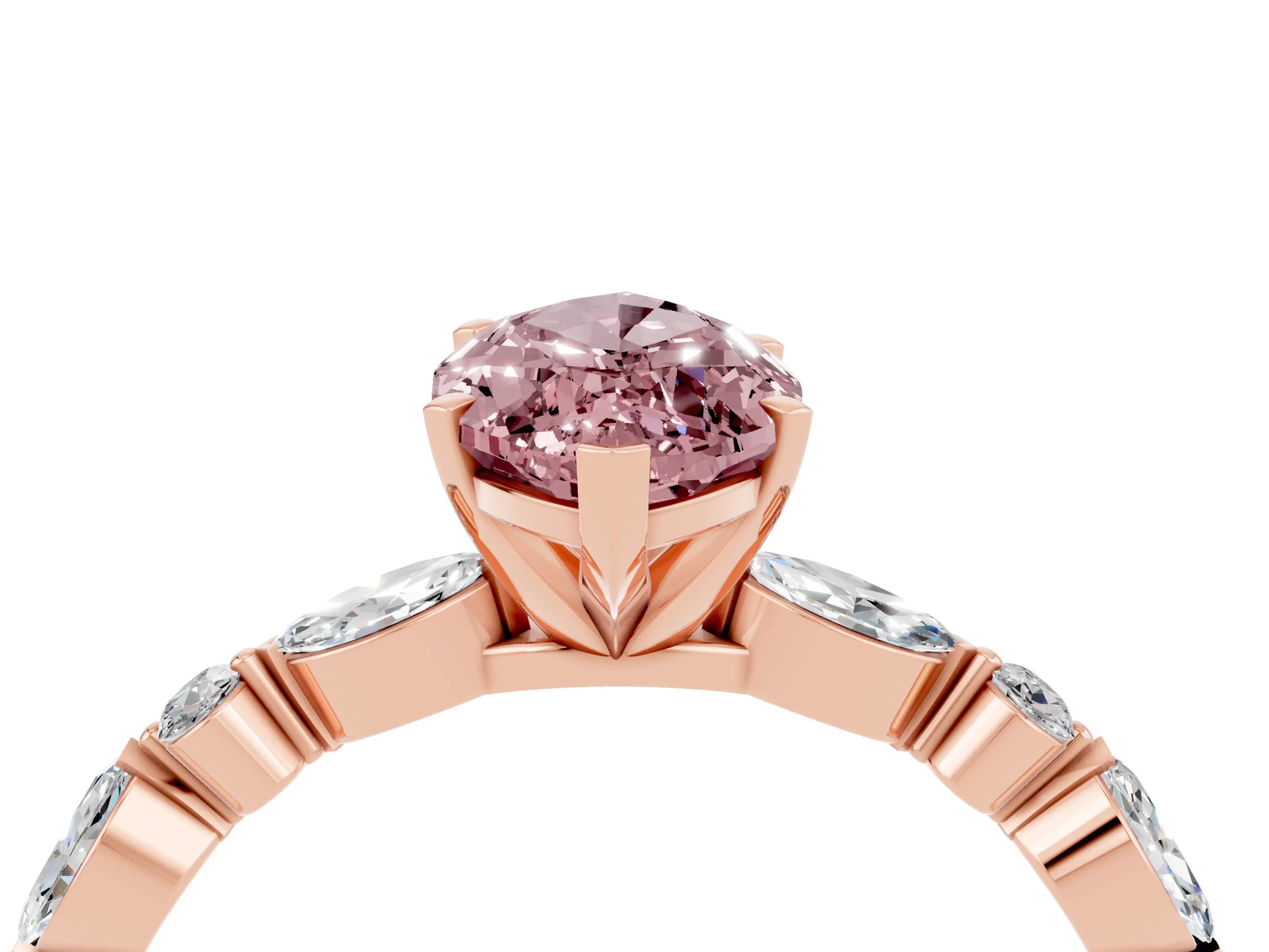 Rose gold Marquise Cut Morganite Solitaire with Side Stones on a Pavé Band and Four-Prong Setting_4