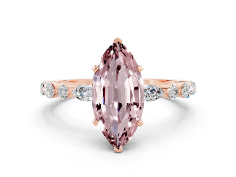 Rose gold Marquise Cut Morganite Solitaire with Side Stones on a Pavé Band and Four-Prong Setting
