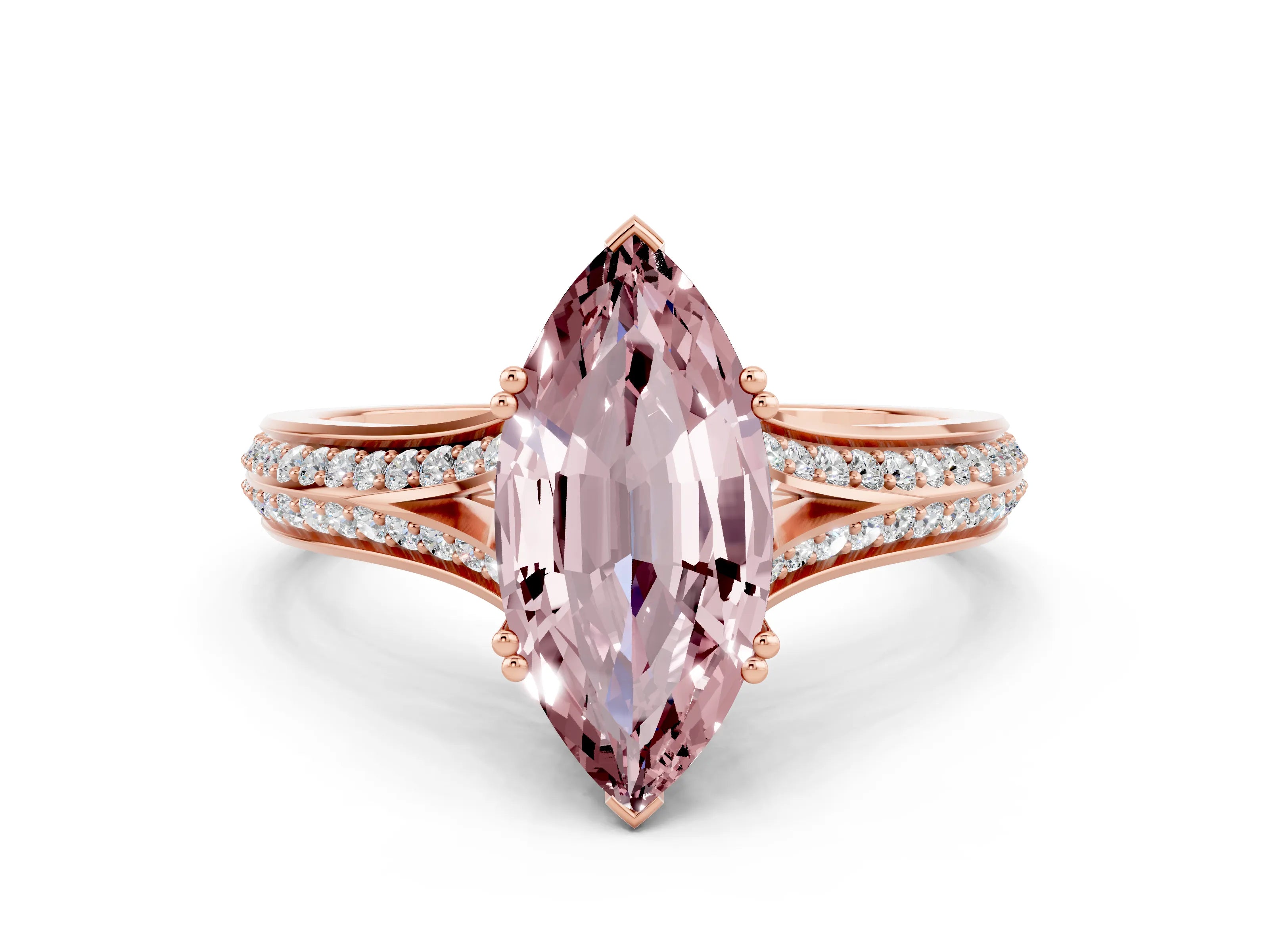 Rose gold Marquise Cut Morganite Split Shank Engagement Ring with Pavé Band