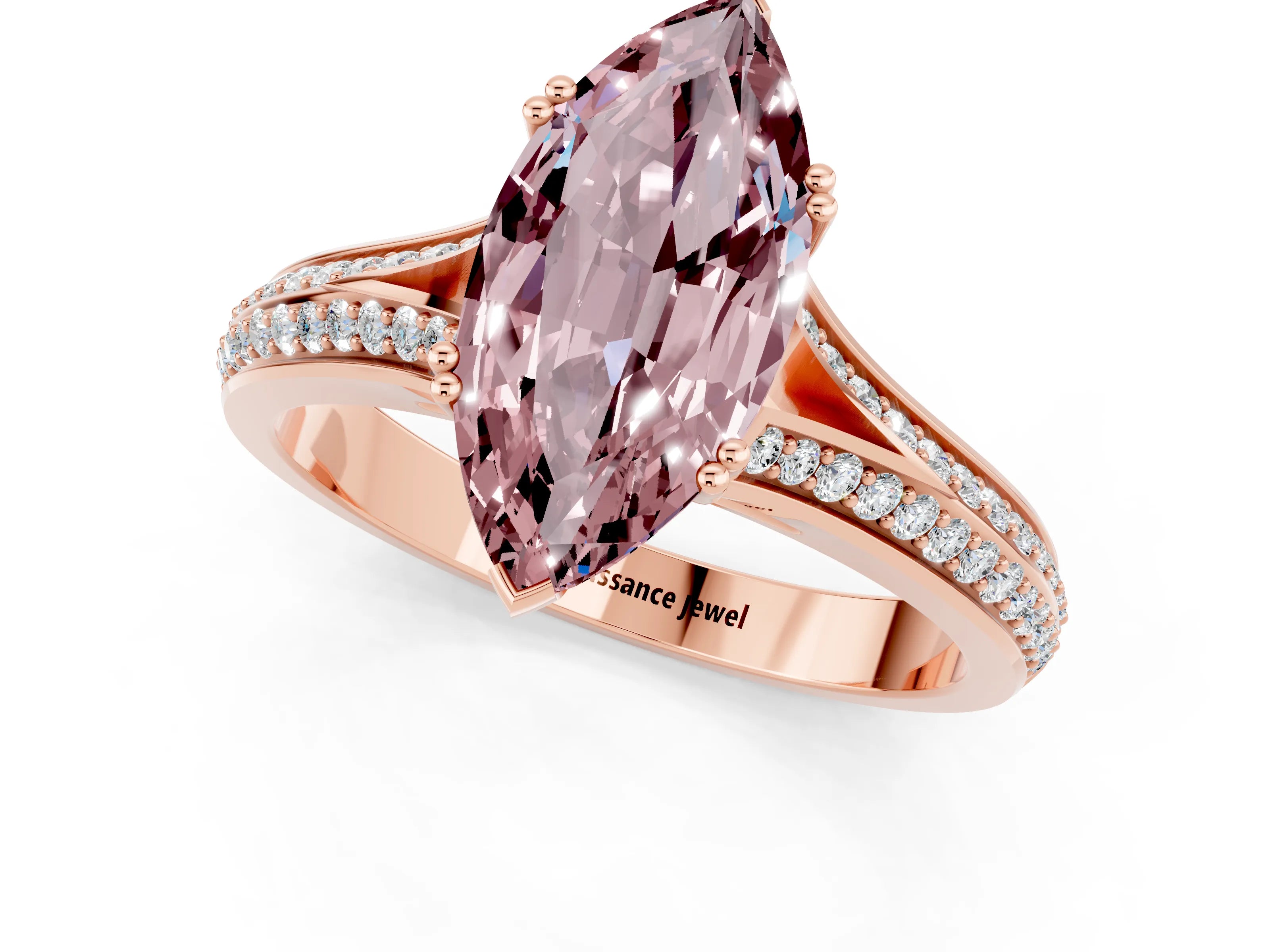 Rose gold Marquise Cut Morganite Split Shank Engagement Ring with Pavé Band_1