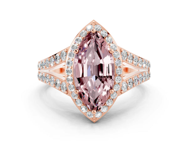 Rose gold Marquise Cut Morganite Split Shank Halo Ring with Four-Prong Setting