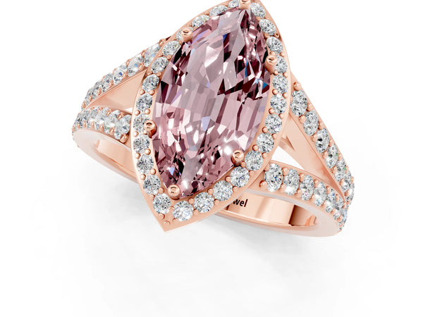 Rose gold Marquise Cut Morganite Split Shank Halo Ring with Four-Prong Setting