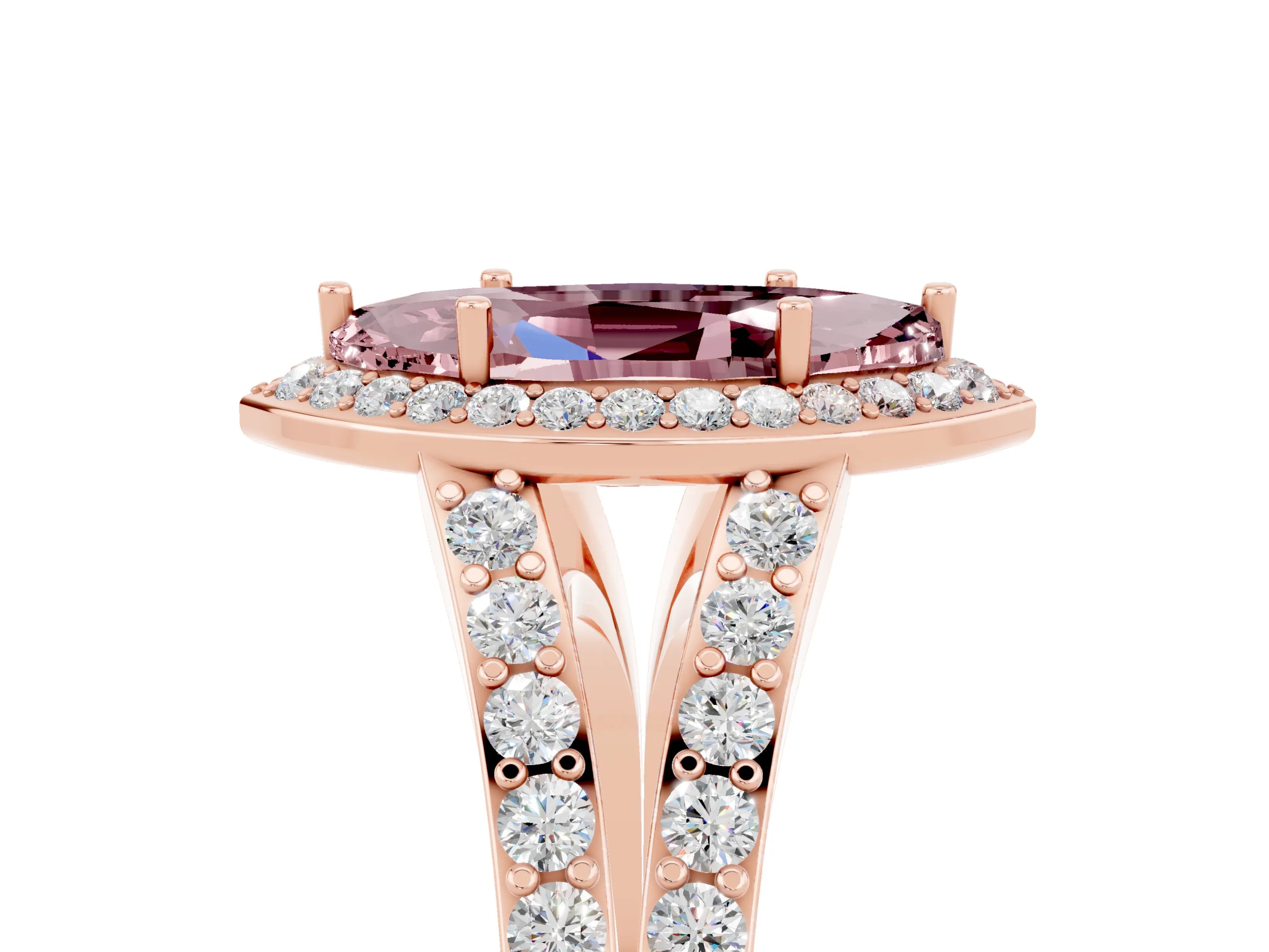 Rose gold Marquise Cut Morganite Split Shank Halo Ring with Four-Prong Setting_17