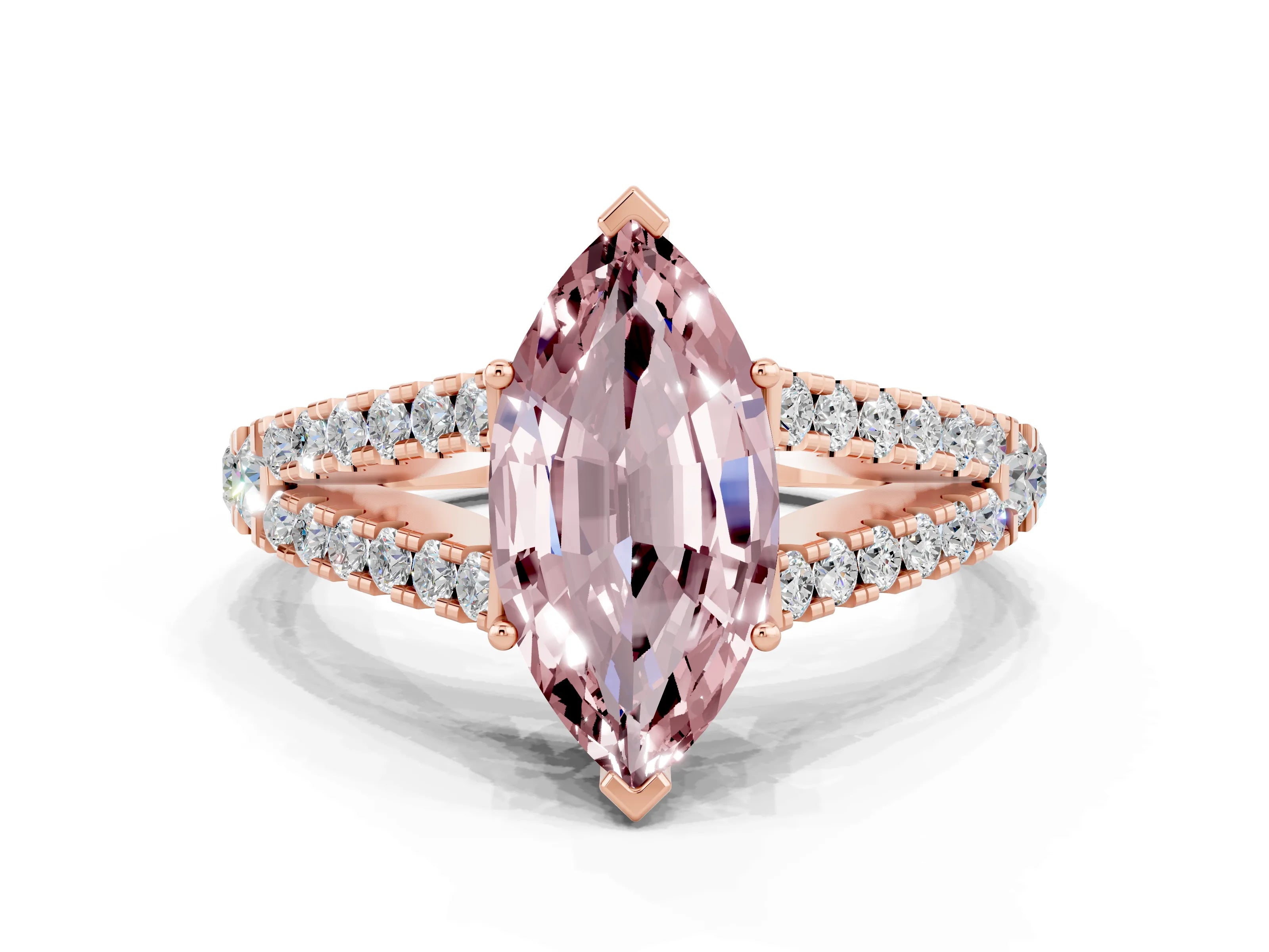 Rose gold Marquise Cut Morganite Split Shank Pavé Engagement Ring with Four-Prong Setting_12