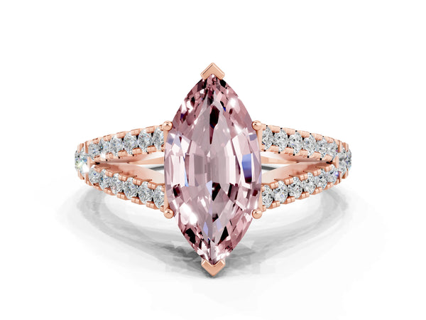 Rose gold Marquise Cut Morganite Split Shank Pavé Engagement Ring with Four-Prong Setting